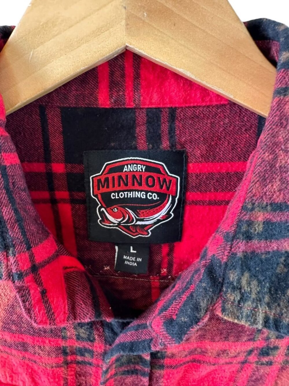 Angry Minnow Red Black Plaid Flannel Shirt Retro Back Patch Cotton Size L - Picture 5 of 6